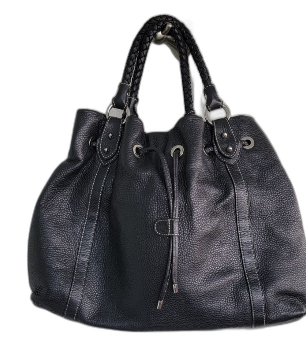Donald Pliner Black Textured Leather Drawstring Large Tote Handbag16" x 12" x 6"